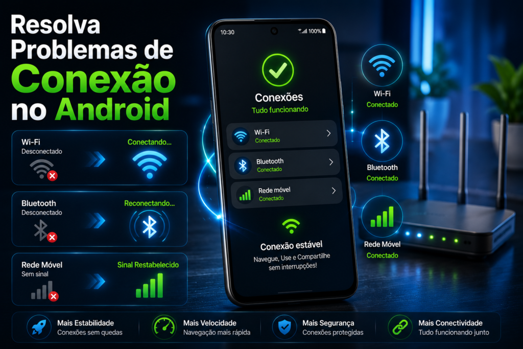 Resolva Problemas de Conexão no Android illustrated with a modern Android smartphone reconnecting to Wi-Fi, Bluetooth, and the mobile network, alongside a wireless router in the background, showcasing practical solutions to fix common Android connectivity issues in a realistic blue-themed workspace.