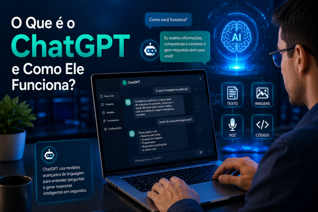 "Pessoa usando o ChatGPT em um notebook com recursos de IA, texto, voz, imagens e programação em um ambiente tecnológico futurista."