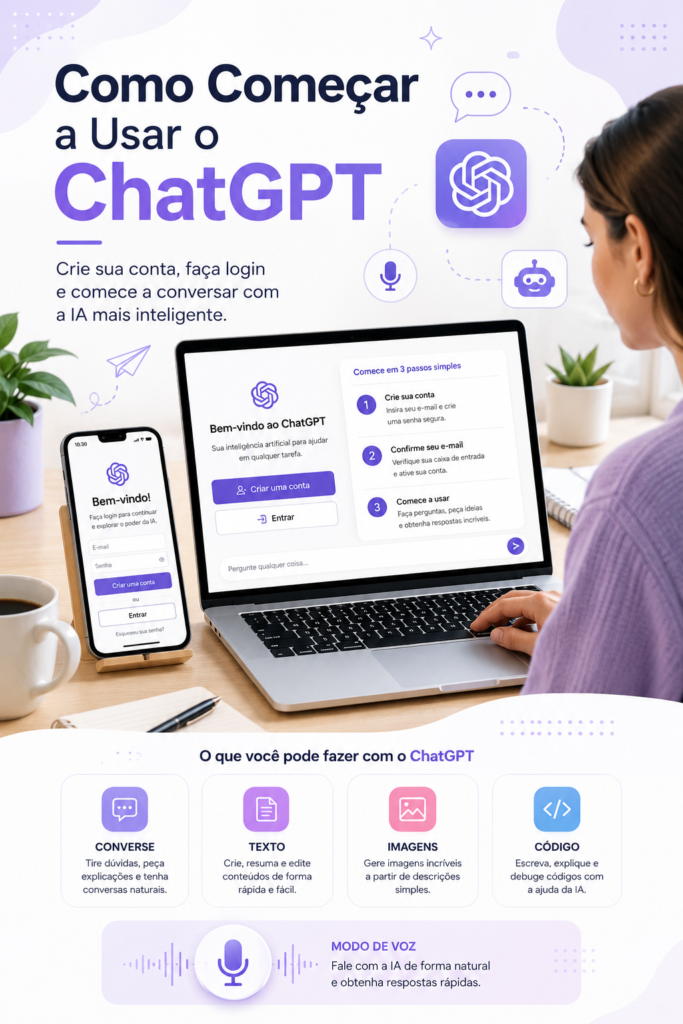 "Como começar a usar o ChatGPT criando uma conta em notebook e smartphone com interface moderna de inteligência artificial."