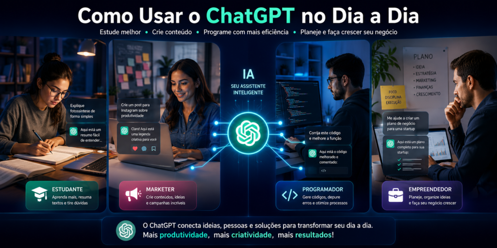 "Como usar o ChatGPT no dia a dia para estudar, criar conteúdo, programar e planejar negócios com inteligência artificial."