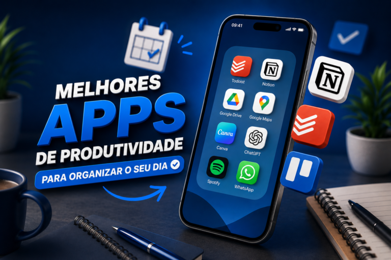 Smartphone com os melhores apps de produtividade, como ChatGPT, Notion, Todoist, Google Drive, Canva e WhatsApp, para organizar tarefas e melhorar a produtividade diária.