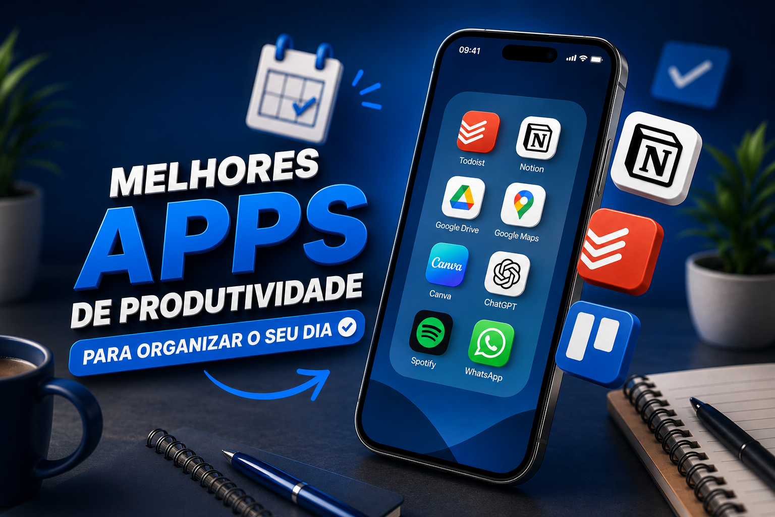 Smartphone com os melhores apps de produtividade, como ChatGPT, Notion, Todoist, Google Drive, Canva e WhatsApp, para organizar tarefas e melhorar a produtividade diária.