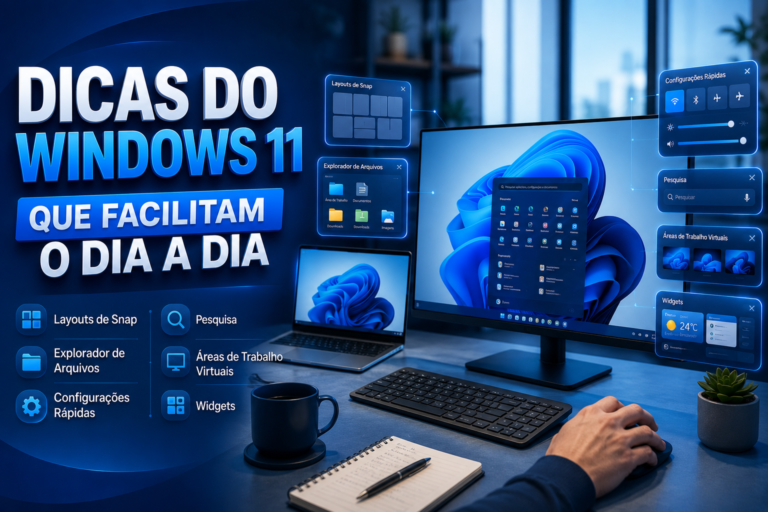 Interface do Windows 11 destacando Layouts de Snap, Explorador de Arquivos, Pesquisa, Widgets e Configurações Rápidas para aumentar a produtividade no dia a dia.