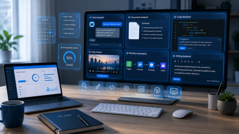 Área de trabalho moderna com laptop e monitor exibindo ferramentas de inteligência artificial para produtividade, incluindo assistente de IA, análise de documentos, automação de tarefas, geração de conteúdo, programação, criação de vídeos e gerenciamento de projetos.