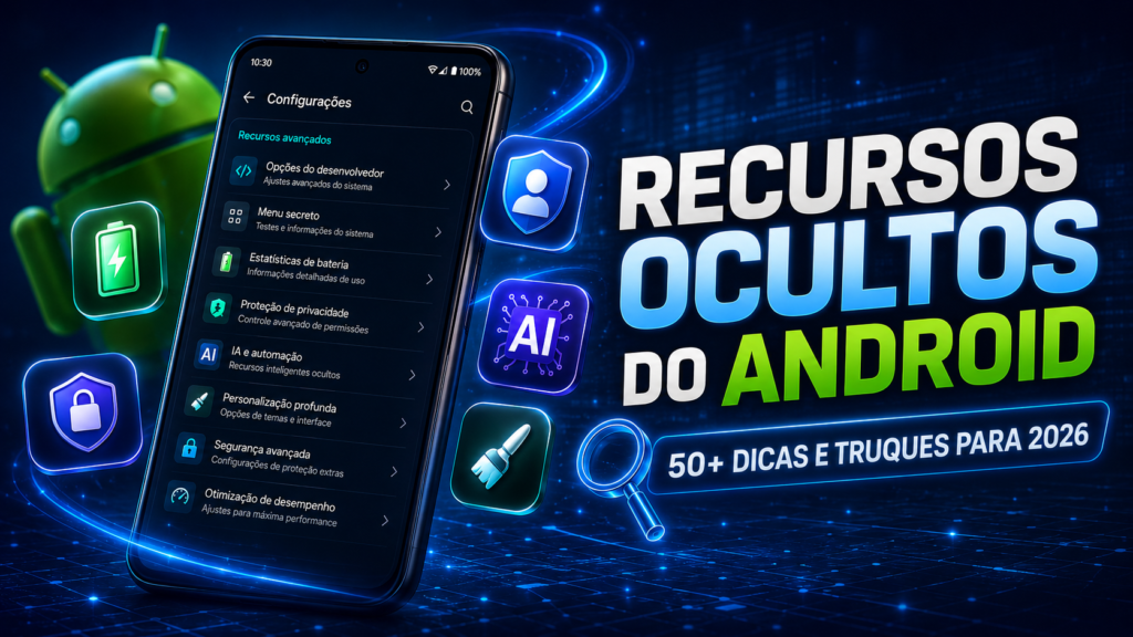 Imagem de um smartphone Android moderno exibindo configurações ocultas, com ícones flutuantes de bateria, privacidade, inteligência artificial, segurança e personalização sobre um fundo azul futurista, representando recursos ocultos do Android e dicas para 2026.
