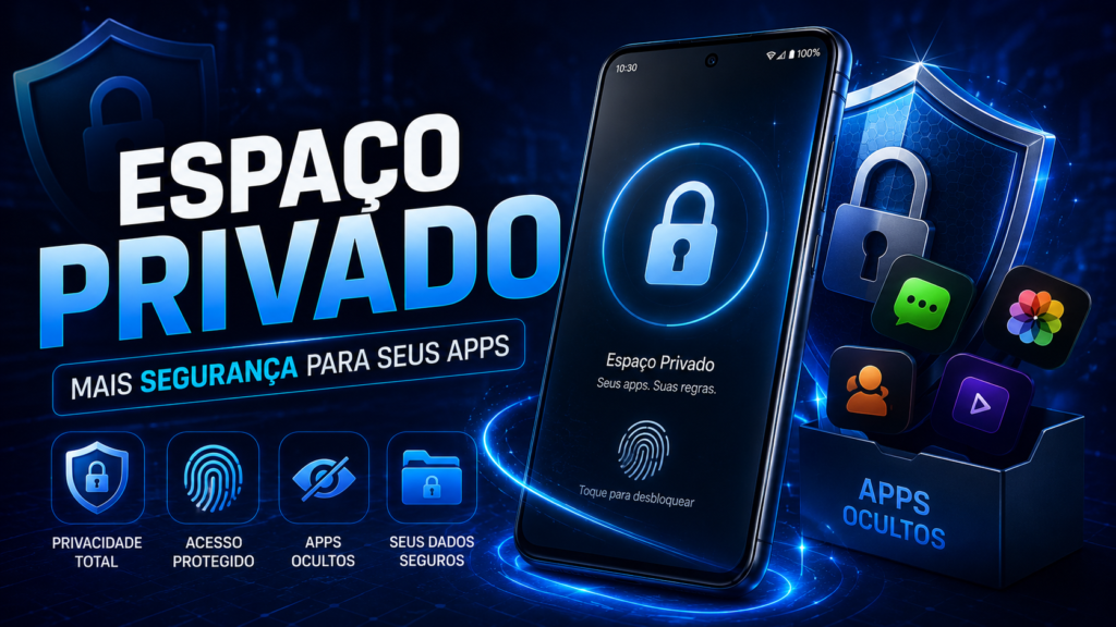 Imagem ilustrativa mostrando o recurso Espaço Privado no Android, criando um ambiente separado e seguro para armazenar aplicativos, arquivos e informações pessoais, funcionando como um segundo celular secreto dentro do mesmo dispositivo.