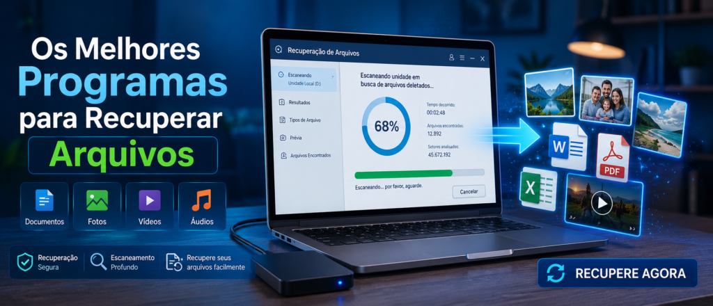 Notebook escaneando HD para recuperar arquivos apagados com fotos, documentos e vídeos restaurados na tela.
