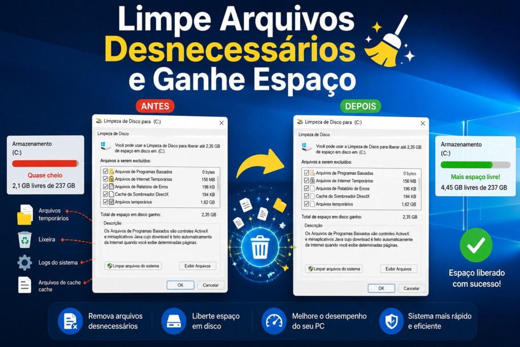 Ilustração mostrando a ferramenta Limpeza de Disco do Windows com comparação antes e depois da limpeza, destacando a remoção de arquivos temporários, aumento do espaço de armazenamento e otimização do desempenho do PC. A imagem explica como limpar arquivos desnecessários para liberar espaço no Windows 10 e Windows 11.