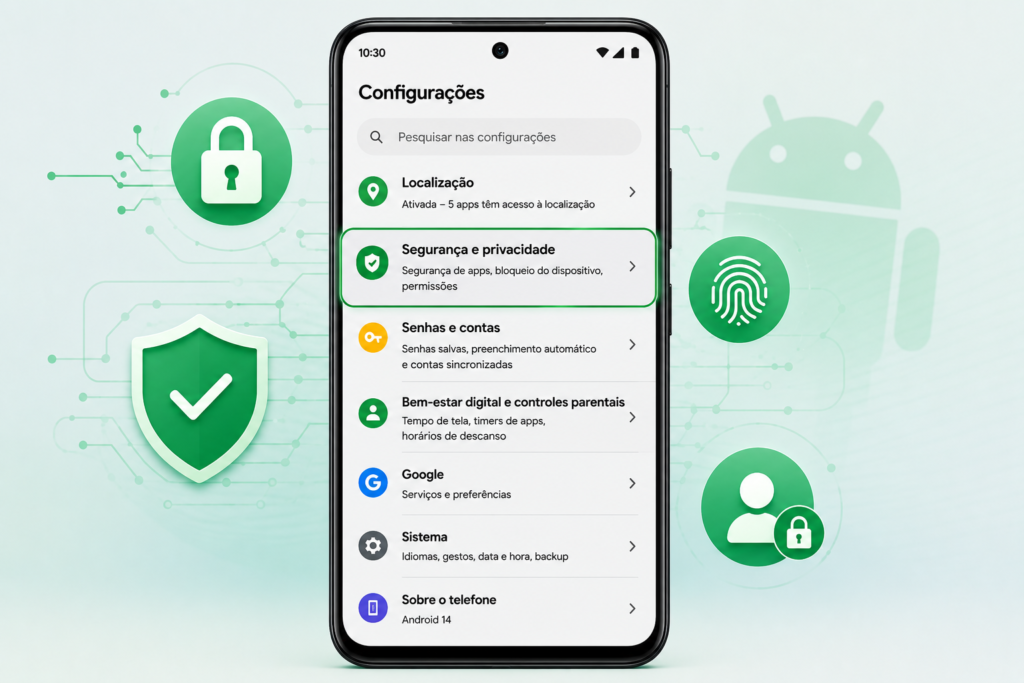 Configurações de segurança e privacidade do Android em um smartphone, com a seção Segurança e privacidade destacada.