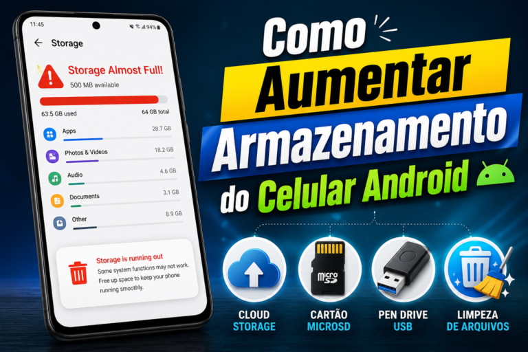 Smartphone Android moderno com armazenamento quase cheio, exibindo um aviso de “Armazenamento quase cheio”. A imagem inclui ícones de armazenamento em nuvem, cartão microSD, unidade USB e limpeza de arquivos, com o texto em português “Como Aumentar Armazenamento do Celular Android”.