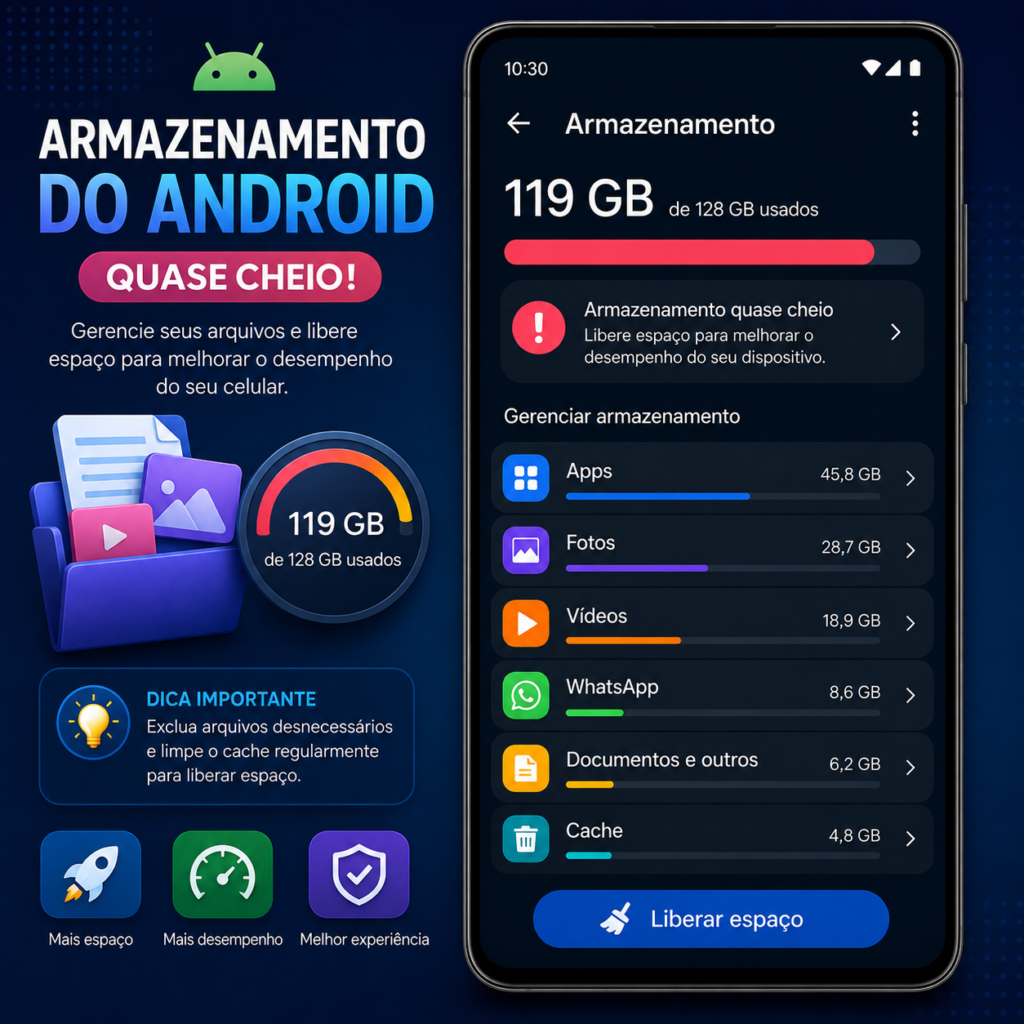 Armazenamento do celular Android quase cheio, mostrando aplicativos, fotos, vídeos, WhatsApp e cache