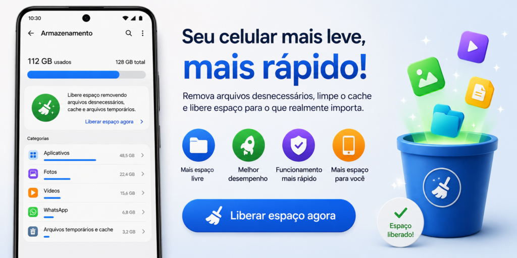 Armazenamento do Android com cache e arquivos temporários sendo limpos para liberar espaço