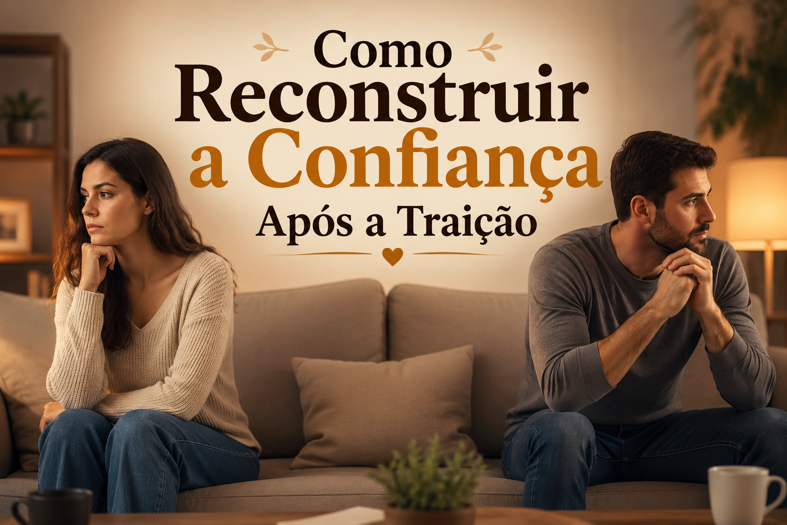 Casal sentado afastado no sofá, com expressão emocional, representando a reconstrução da confiança após uma traição.