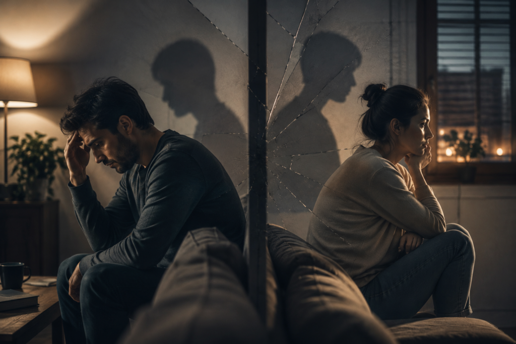 Casal emocionalmente distante, com uma pessoa preocupada e outra reflexiva, separados por sombras e simbolismo de vidro quebrado