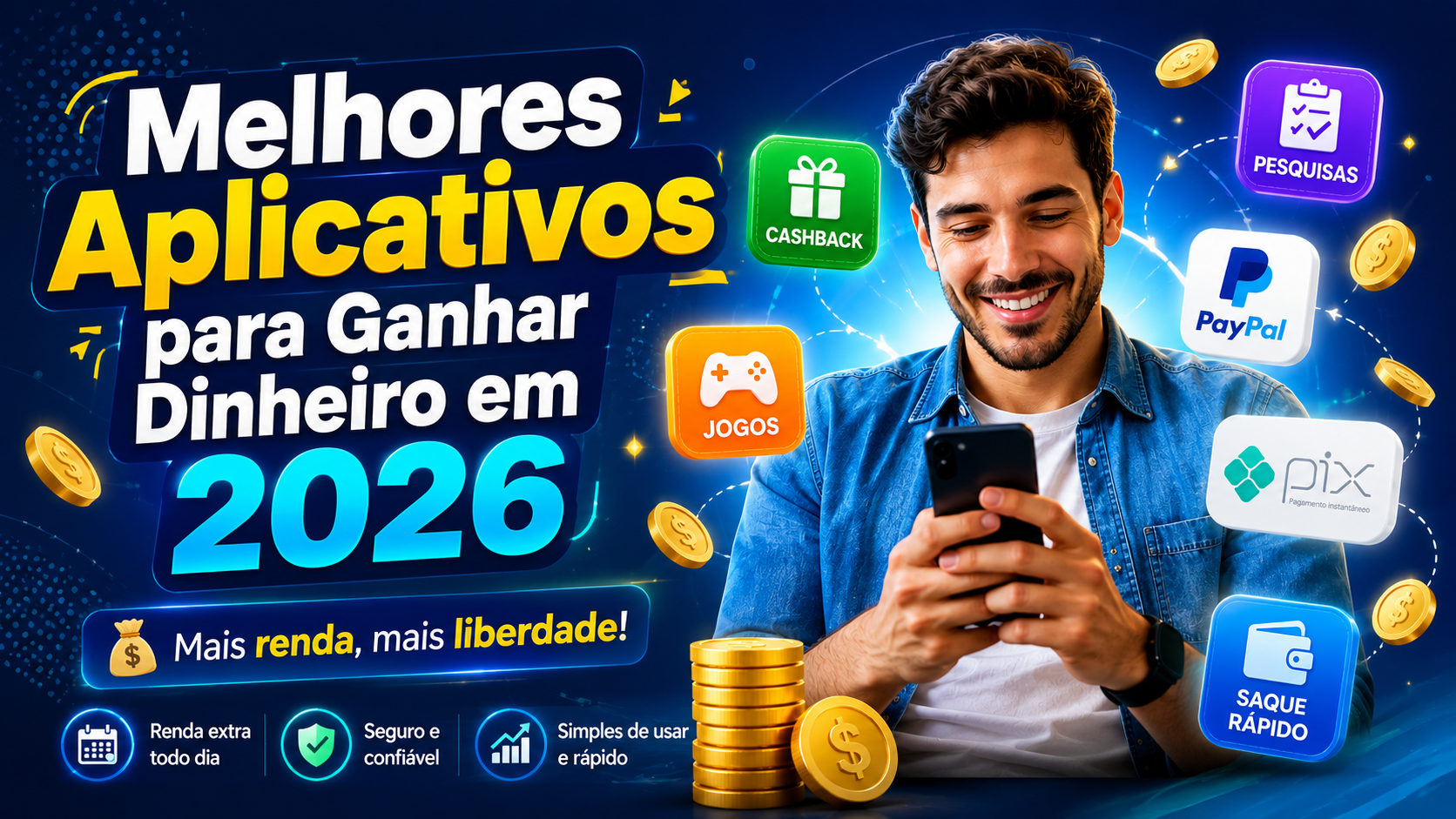Melhores aplicativos para ganhar dinheiro em 2026 com cashback, pesquisas, jogos, PayPal, Pix e saque rápido pelo celular