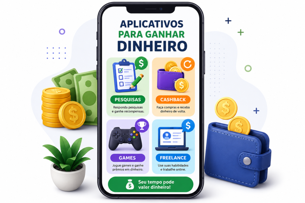 Categorias de aplicativos para ganhar dinheiro, incluindo pesquisas, cashback, games e freelance em um smartphone.