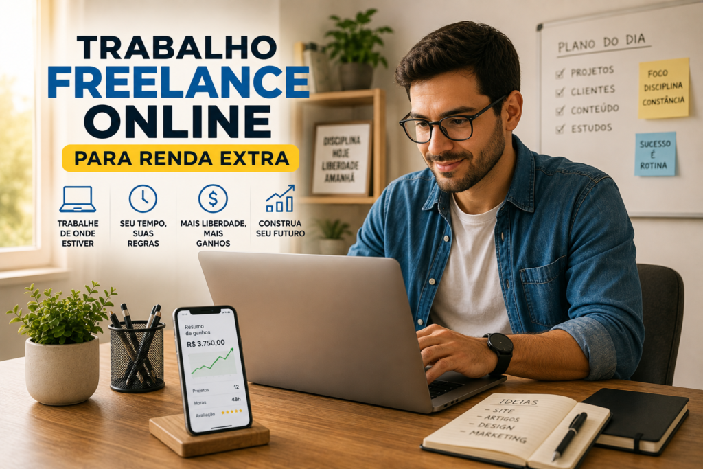 Trabalho freelance online para renda extra, com freelancer trabalhando em casa usando laptop e smartphone.