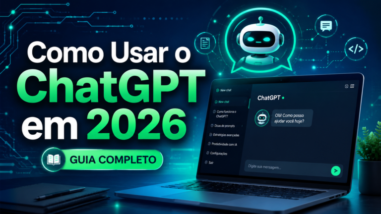 Como usar o ChatGPT em 2026 com guia completo, laptop exibindo interface de IA, assistente virtual futurista, ícones de produtividade e fundo tecnológico em tons de azul e verde.