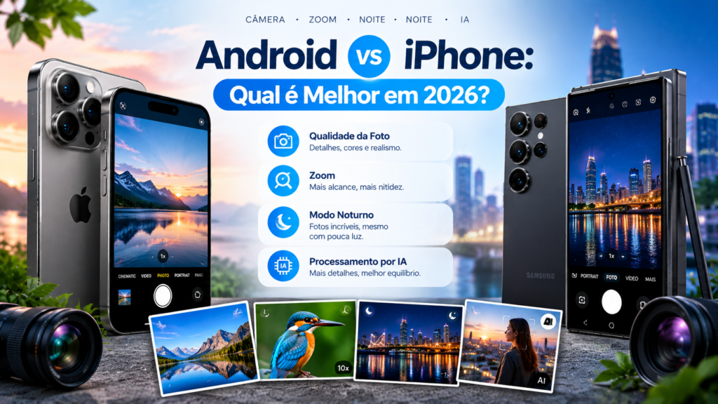 Comparação das câmeras de Android e iPhone em 2026