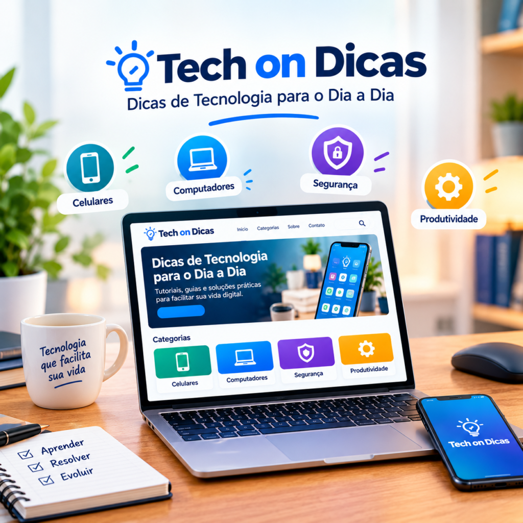 Tech on Dicas com laptop e smartphone, representando dicas de tecnologia para o dia a dia.