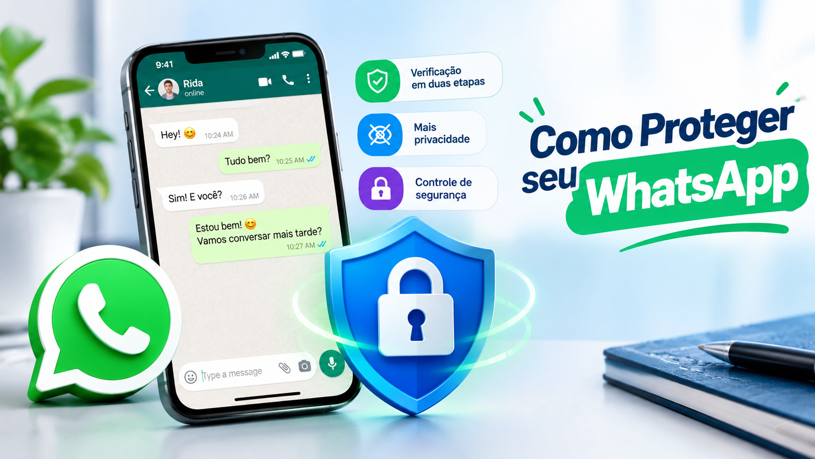 Como Proteger seu WhatsApp com verificação em duas etapas, privacidade e ícones de segurança em um smartphone.