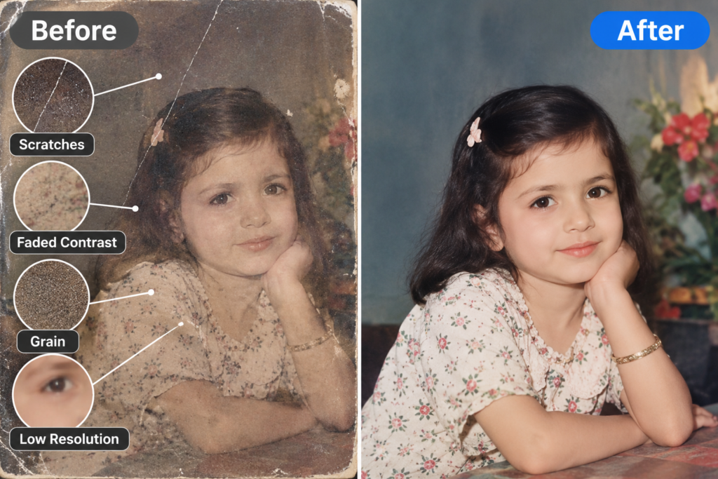 Comparação de uma foto antiga danificada antes e depois da restauração por IA
